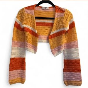 Grey Bandit Striped Knit Cropped Cardigan Boho Open Front Sweater XS Festival